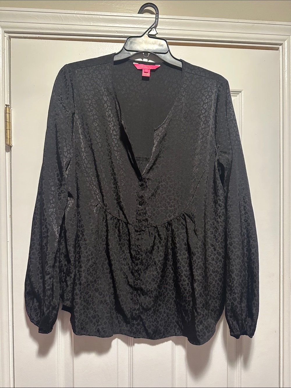 Lilly Pulitzer Black Satin V-Neck Button-Front Blouse